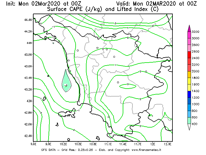 Mappa di analisi GFS - CAPE [J/kg] e Lifted Index [°C] in Toscana
							del 02/03/2020 00 <!--googleoff: index-->UTC<!--googleon: index-->