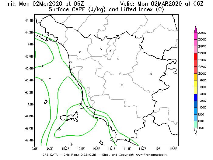 Mappa di analisi GFS - CAPE [J/kg] e Lifted Index [°C] in Toscana
							del 02/03/2020 06 <!--googleoff: index-->UTC<!--googleon: index-->