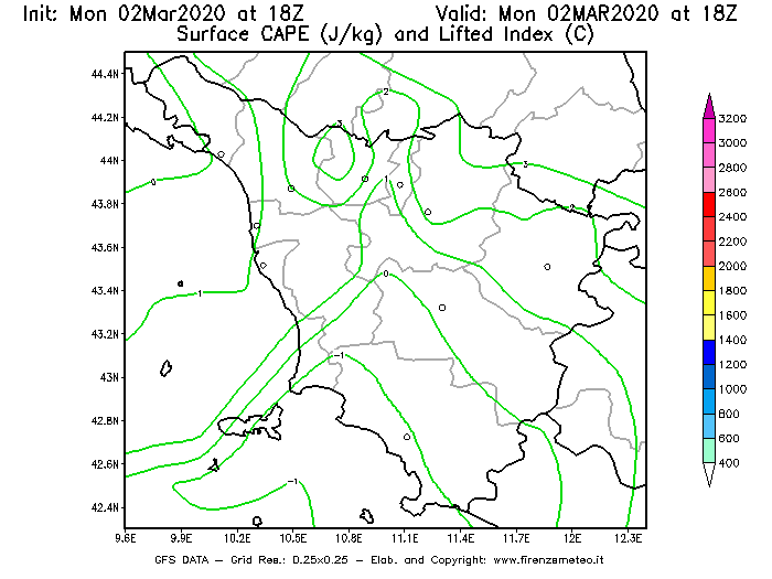 Mappa di analisi GFS - CAPE [J/kg] e Lifted Index [°C] in Toscana
							del 02/03/2020 18 <!--googleoff: index-->UTC<!--googleon: index-->