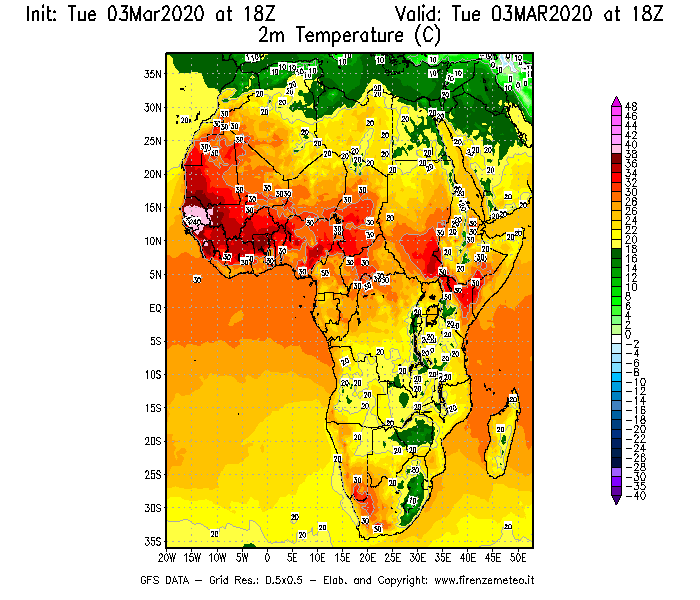 Mappa di analisi GFS - Temperatura a 2 metri dal suolo [°C] in Africa
							del 03/03/2020 18 <!--googleoff: index-->UTC<!--googleon: index-->