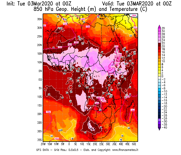 Mappa di analisi GFS - Geopotenziale [m] e Temperatura [°C] a 850 hPa in Africa
							del 03/03/2020 00 <!--googleoff: index-->UTC<!--googleon: index-->