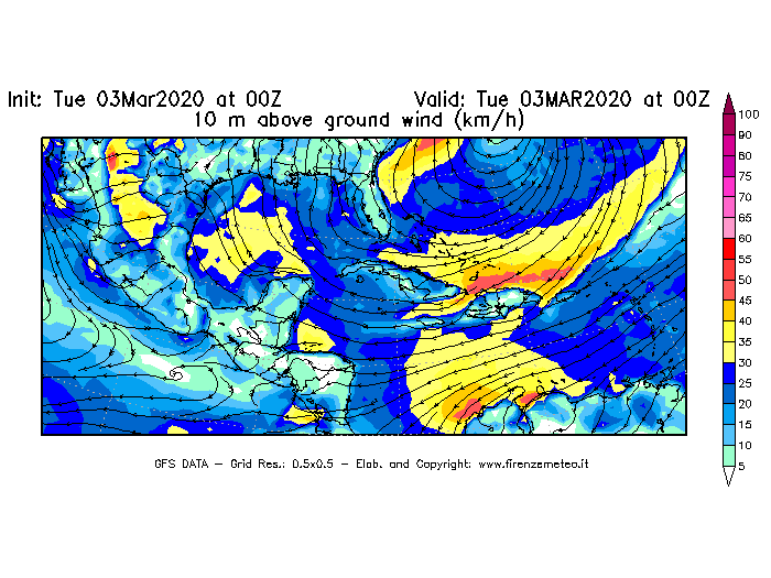 Mappa di analisi GFS - Velocità del vento a 10 metri dal suolo [km/h] in Centro-America
							del 03/03/2020 00 <!--googleoff: index-->UTC<!--googleon: index-->