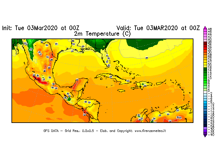 Mappa di analisi GFS - Temperatura a 2 metri dal suolo [°C] in Centro-America
							del 03/03/2020 00 <!--googleoff: index-->UTC<!--googleon: index-->