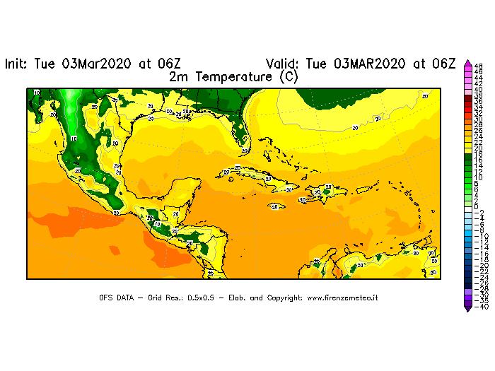 Mappa di analisi GFS - Temperatura a 2 metri dal suolo [°C] in Centro-America
							del 03/03/2020 06 <!--googleoff: index-->UTC<!--googleon: index-->