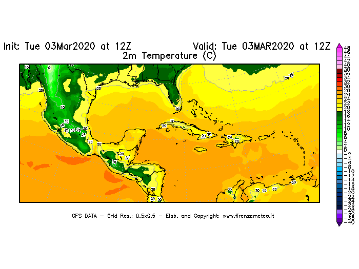 Mappa di analisi GFS - Temperatura a 2 metri dal suolo [°C] in Centro-America
							del 03/03/2020 12 <!--googleoff: index-->UTC<!--googleon: index-->