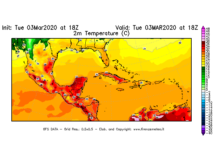 Mappa di analisi GFS - Temperatura a 2 metri dal suolo [°C] in Centro-America
							del 03/03/2020 18 <!--googleoff: index-->UTC<!--googleon: index-->