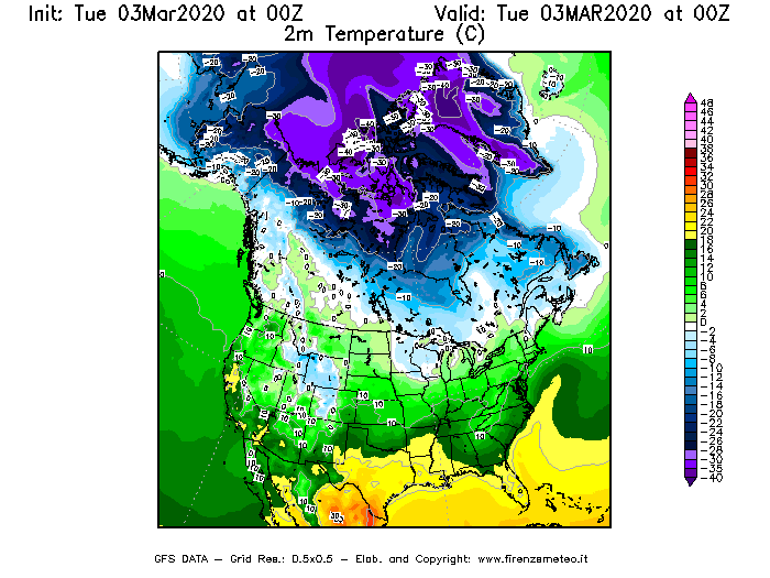 Mappa di analisi GFS - Temperatura a 2 metri dal suolo [°C] in Nord-America
							del 03/03/2020 00 <!--googleoff: index-->UTC<!--googleon: index-->
