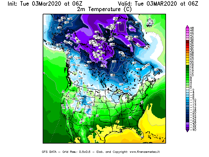 Mappa di analisi GFS - Temperatura a 2 metri dal suolo [°C] in Nord-America
							del 03/03/2020 06 <!--googleoff: index-->UTC<!--googleon: index-->