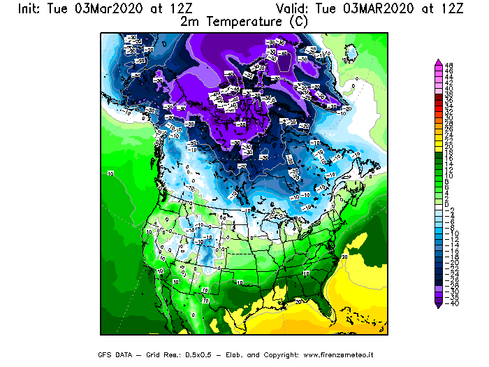 Mappa di analisi GFS - Temperatura a 2 metri dal suolo [°C] in Nord-America
							del 03/03/2020 12 <!--googleoff: index-->UTC<!--googleon: index-->
