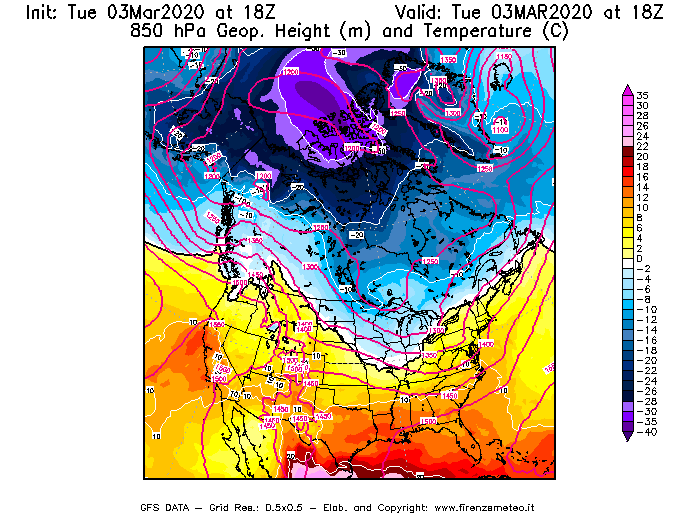 Mappa di analisi GFS - Geopotenziale [m] e Temperatura [°C] a 850 hPa in Nord-America
							del 03/03/2020 18 <!--googleoff: index-->UTC<!--googleon: index-->