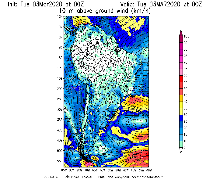 Mappa di analisi GFS - Velocità del vento a 10 metri dal suolo [km/h] in Sud-America
							del 03/03/2020 00 <!--googleoff: index-->UTC<!--googleon: index-->