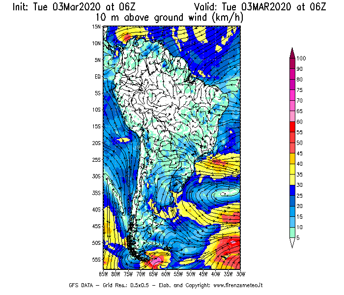 Mappa di analisi GFS - Velocità del vento a 10 metri dal suolo [km/h] in Sud-America
							del 03/03/2020 06 <!--googleoff: index-->UTC<!--googleon: index-->