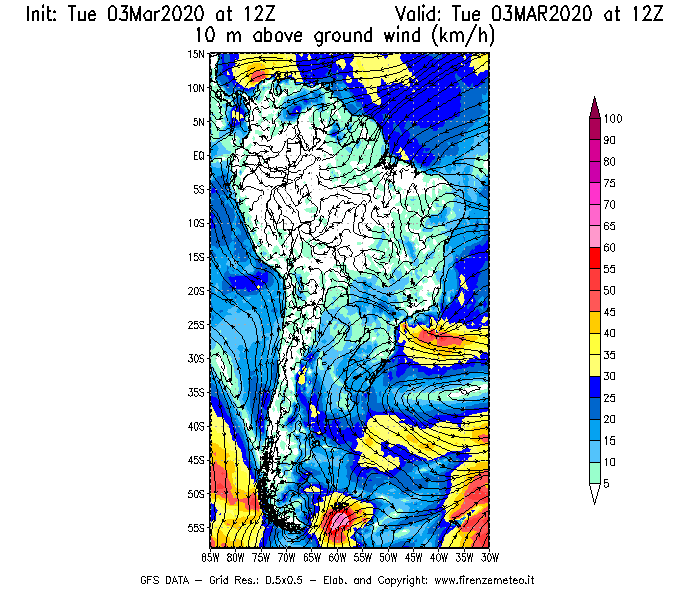 Mappa di analisi GFS - Velocità del vento a 10 metri dal suolo [km/h] in Sud-America
							del 03/03/2020 12 <!--googleoff: index-->UTC<!--googleon: index-->