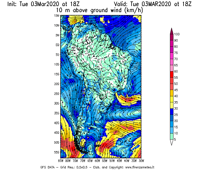 Mappa di analisi GFS - Velocità del vento a 10 metri dal suolo [km/h] in Sud-America
							del 03/03/2020 18 <!--googleoff: index-->UTC<!--googleon: index-->