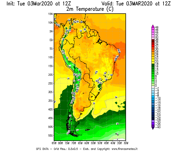 Mappa di analisi GFS - Temperatura a 2 metri dal suolo [°C] in Sud-America
							del 03/03/2020 12 <!--googleoff: index-->UTC<!--googleon: index-->