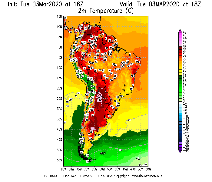 Mappa di analisi GFS - Temperatura a 2 metri dal suolo [°C] in Sud-America
							del 03/03/2020 18 <!--googleoff: index-->UTC<!--googleon: index-->