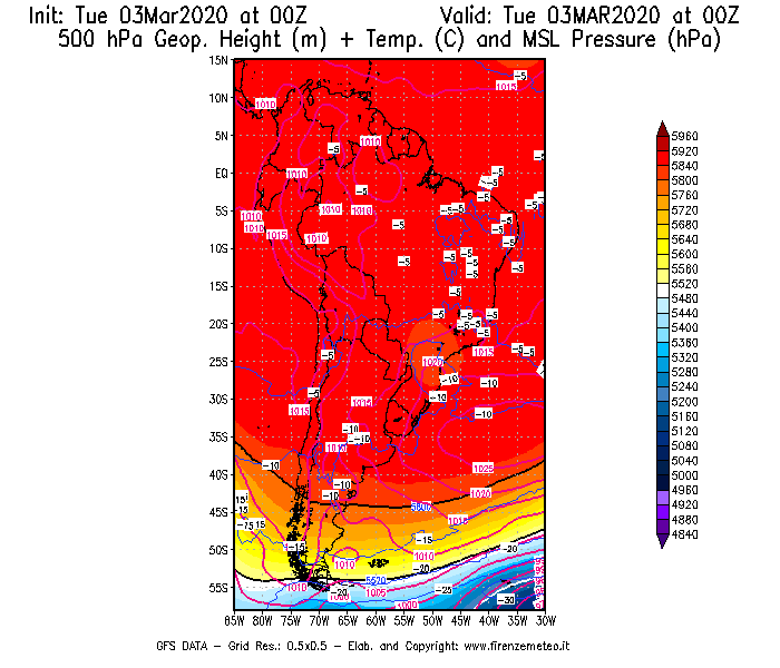 Mappa di analisi GFS - Geopotenziale [m] + Temp. [°C] a 500 hPa + Press. a livello del mare [hPa] in Sud-America
							del 03/03/2020 00 <!--googleoff: index-->UTC<!--googleon: index-->