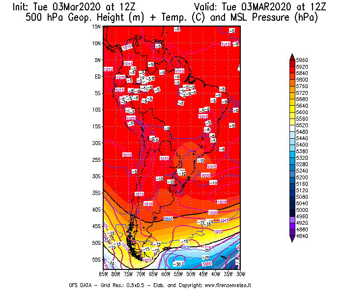 Mappa di analisi GFS - Geopotenziale [m] + Temp. [°C] a 500 hPa + Press. a livello del mare [hPa] in Sud-America
							del 03/03/2020 12 <!--googleoff: index-->UTC<!--googleon: index-->