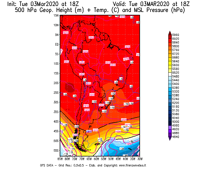 Mappa di analisi GFS - Geopotenziale [m] + Temp. [°C] a 500 hPa + Press. a livello del mare [hPa] in Sud-America
							del 03/03/2020 18 <!--googleoff: index-->UTC<!--googleon: index-->