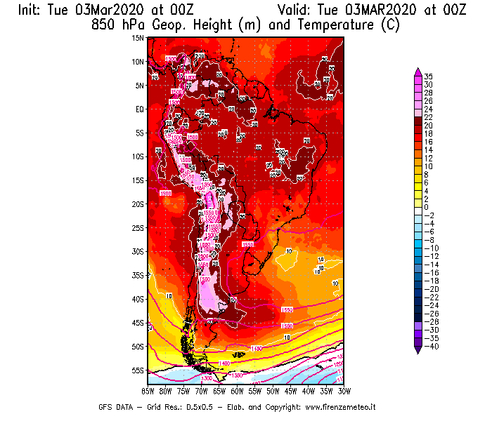 Mappa di analisi GFS - Geopotenziale [m] e Temperatura [°C] a 850 hPa in Sud-America
							del 03/03/2020 00 <!--googleoff: index-->UTC<!--googleon: index-->