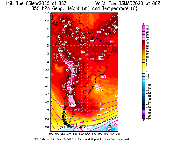 Mappa di analisi GFS - Geopotenziale [m] e Temperatura [°C] a 850 hPa in Sud-America
							del 03/03/2020 06 <!--googleoff: index-->UTC<!--googleon: index-->