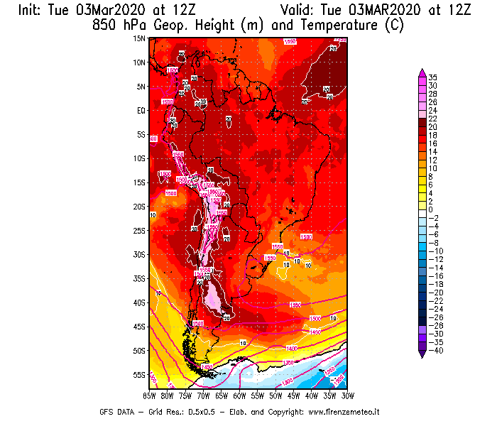 Mappa di analisi GFS - Geopotenziale [m] e Temperatura [°C] a 850 hPa in Sud-America
							del 03/03/2020 12 <!--googleoff: index-->UTC<!--googleon: index-->