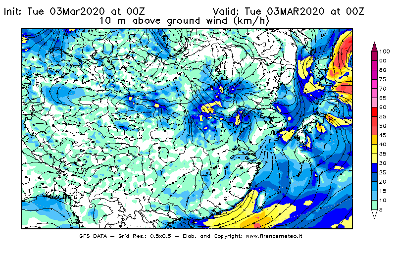 Mappa di analisi GFS - Velocità del vento a 10 metri dal suolo [km/h] in Asia Orientale
							del 03/03/2020 00 <!--googleoff: index-->UTC<!--googleon: index-->
