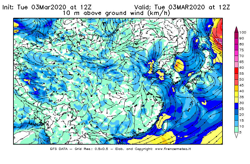 Mappa di analisi GFS - Velocità del vento a 10 metri dal suolo [km/h] in Asia Orientale
							del 03/03/2020 12 <!--googleoff: index-->UTC<!--googleon: index-->