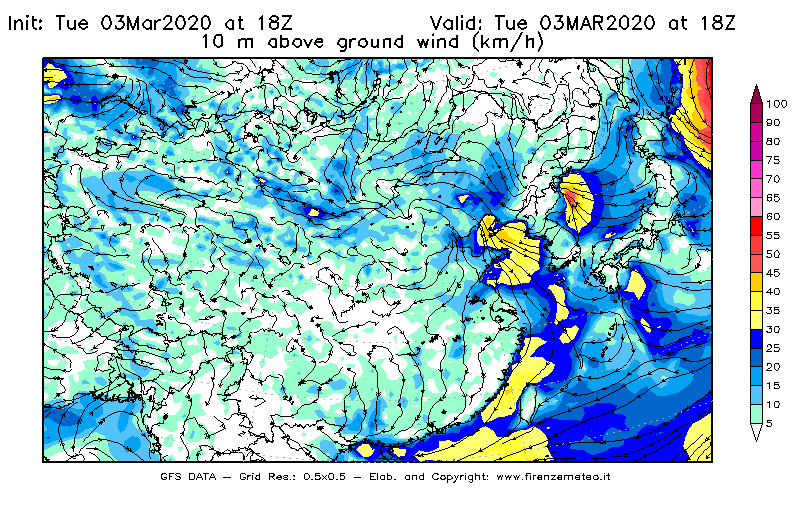 Mappa di analisi GFS - Velocità del vento a 10 metri dal suolo [km/h] in Asia Orientale
							del 03/03/2020 18 <!--googleoff: index-->UTC<!--googleon: index-->