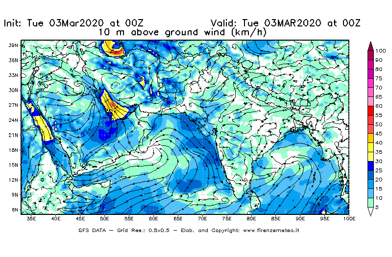 Mappa di analisi GFS - Velocità del vento a 10 metri dal suolo [km/h] in Asia Sud-Occidentale
							del 03/03/2020 00 <!--googleoff: index-->UTC<!--googleon: index-->