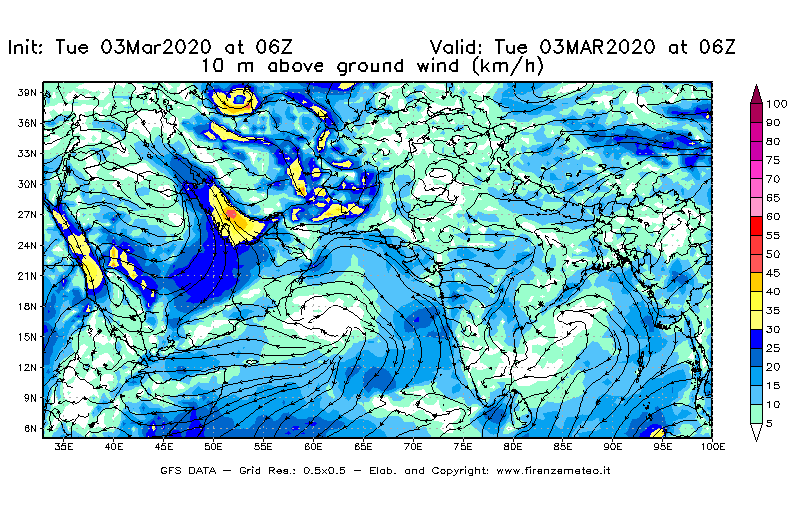 Mappa di analisi GFS - Velocità del vento a 10 metri dal suolo [km/h] in Asia Sud-Occidentale
							del 03/03/2020 06 <!--googleoff: index-->UTC<!--googleon: index-->