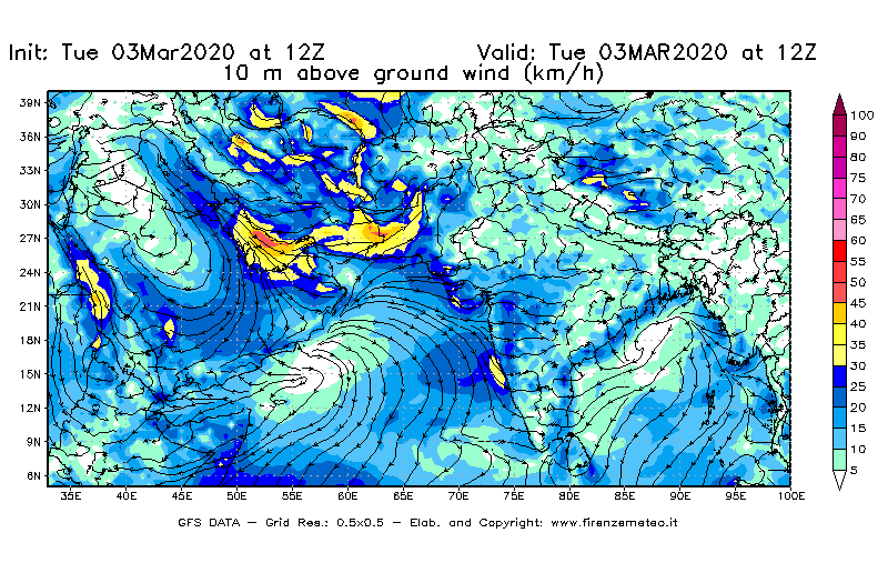 Mappa di analisi GFS - Velocità del vento a 10 metri dal suolo [km/h] in Asia Sud-Occidentale
							del 03/03/2020 12 <!--googleoff: index-->UTC<!--googleon: index-->
