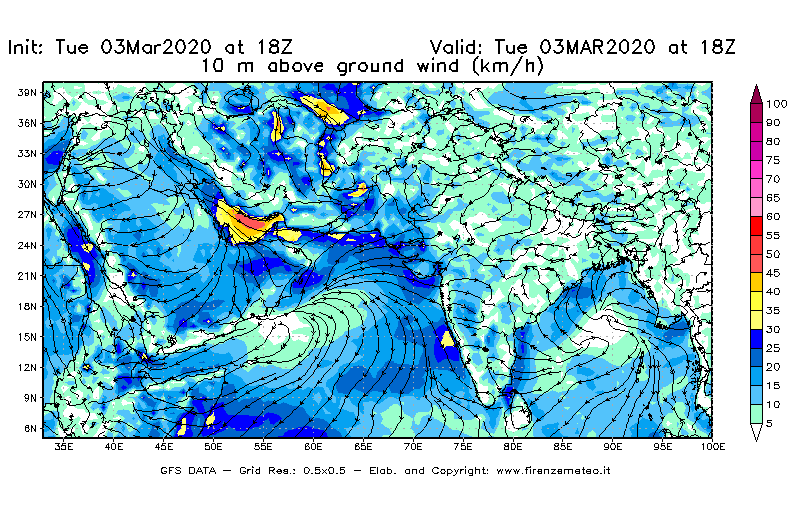 Mappa di analisi GFS - Velocità del vento a 10 metri dal suolo [km/h] in Asia Sud-Occidentale
							del 03/03/2020 18 <!--googleoff: index-->UTC<!--googleon: index-->