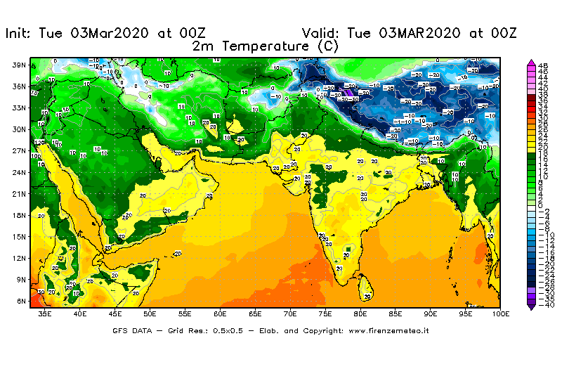 Mappa di analisi GFS - Temperatura a 2 metri dal suolo [°C] in Asia Sud-Occidentale
							del 03/03/2020 00 <!--googleoff: index-->UTC<!--googleon: index-->