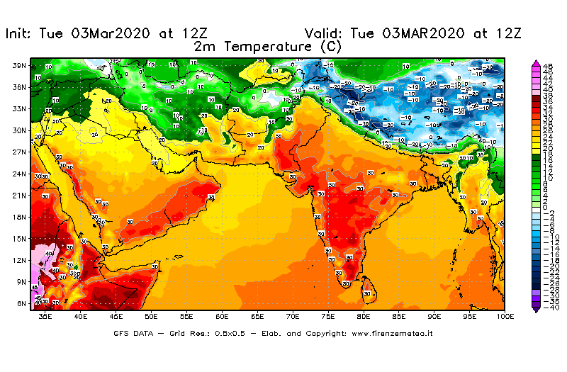 Mappa di analisi GFS - Temperatura a 2 metri dal suolo [°C] in Asia Sud-Occidentale
							del 03/03/2020 12 <!--googleoff: index-->UTC<!--googleon: index-->