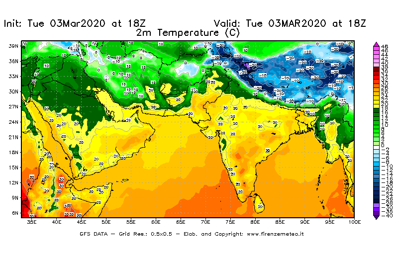 Mappa di analisi GFS - Temperatura a 2 metri dal suolo [°C] in Asia Sud-Occidentale
							del 03/03/2020 18 <!--googleoff: index-->UTC<!--googleon: index-->
