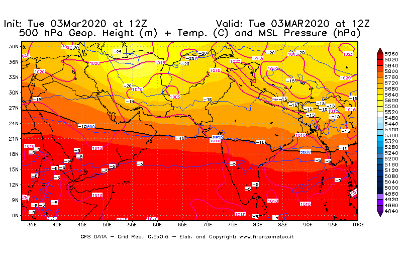 Mappa di analisi GFS - Geopotenziale [m] + Temp. [°C] a 500 hPa + Press. a livello del mare [hPa] in Asia Sud-Occidentale
							del 03/03/2020 12 <!--googleoff: index-->UTC<!--googleon: index-->