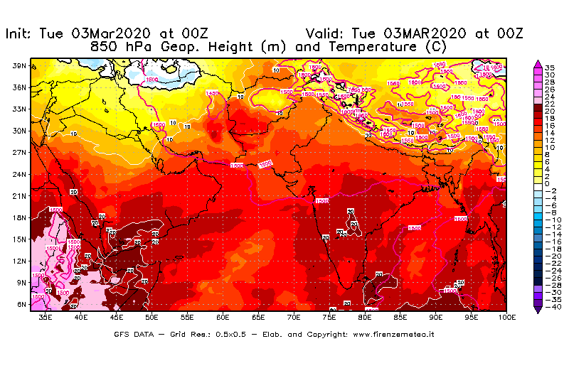 Mappa di analisi GFS - Geopotenziale [m] e Temperatura [°C] a 850 hPa in Asia Sud-Occidentale
							del 03/03/2020 00 <!--googleoff: index-->UTC<!--googleon: index-->