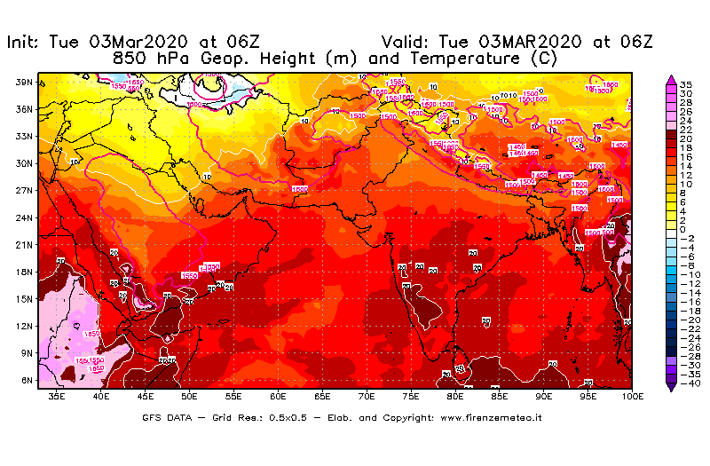 Mappa di analisi GFS - Geopotenziale [m] e Temperatura [°C] a 850 hPa in Asia Sud-Occidentale
							del 03/03/2020 06 <!--googleoff: index-->UTC<!--googleon: index-->