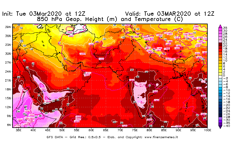 Mappa di analisi GFS - Geopotenziale [m] e Temperatura [°C] a 850 hPa in Asia Sud-Occidentale
							del 03/03/2020 12 <!--googleoff: index-->UTC<!--googleon: index-->
