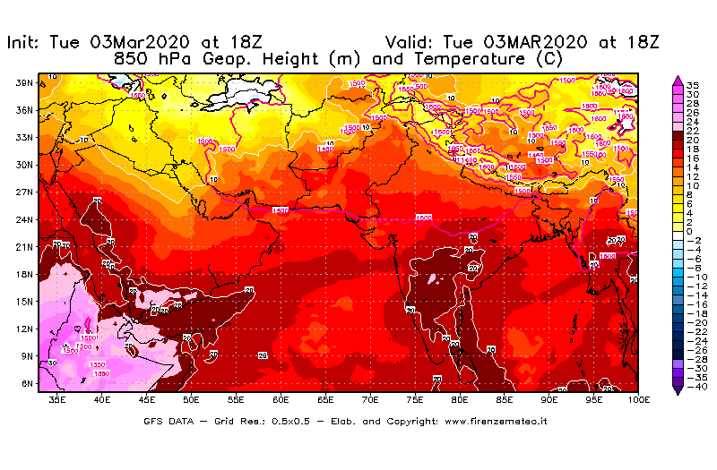 Mappa di analisi GFS - Geopotenziale [m] e Temperatura [°C] a 850 hPa in Asia Sud-Occidentale
							del 03/03/2020 18 <!--googleoff: index-->UTC<!--googleon: index-->