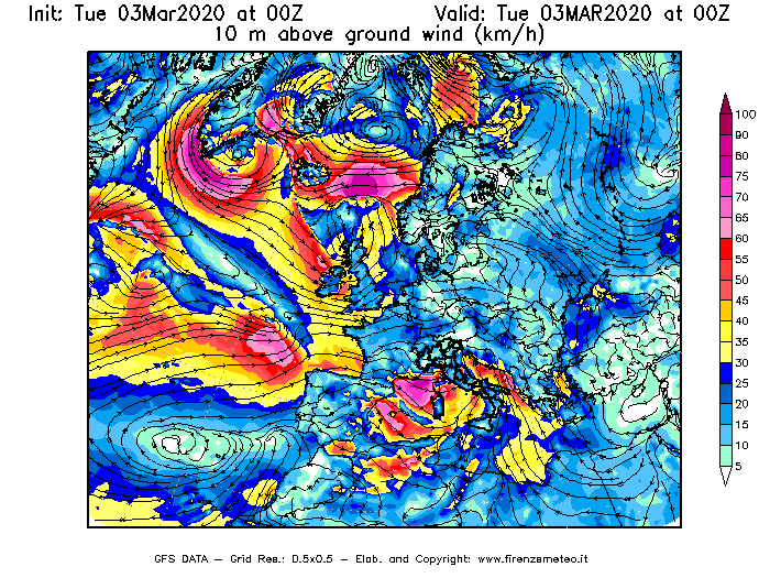 Mappa di analisi GFS - Velocità del vento a 10 metri dal suolo [km/h] in Europa
							del 03/03/2020 00 <!--googleoff: index-->UTC<!--googleon: index-->
