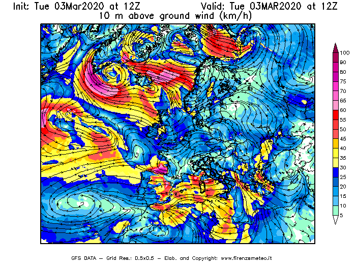 Mappa di analisi GFS - Velocità del vento a 10 metri dal suolo [km/h] in Europa
							del 03/03/2020 12 <!--googleoff: index-->UTC<!--googleon: index-->
