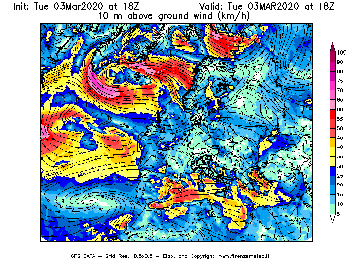 Mappa di analisi GFS - Velocità del vento a 10 metri dal suolo [km/h] in Europa
							del 03/03/2020 18 <!--googleoff: index-->UTC<!--googleon: index-->