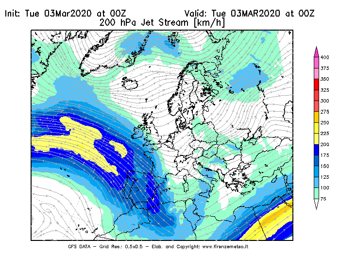 Mappa di analisi GFS - Jet Stream a 200 hPa in Europa
							del 03/03/2020 00 <!--googleoff: index-->UTC<!--googleon: index-->