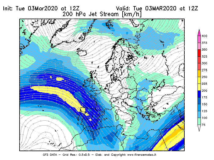 Mappa di analisi GFS - Jet Stream a 200 hPa in Europa
							del 03/03/2020 12 <!--googleoff: index-->UTC<!--googleon: index-->