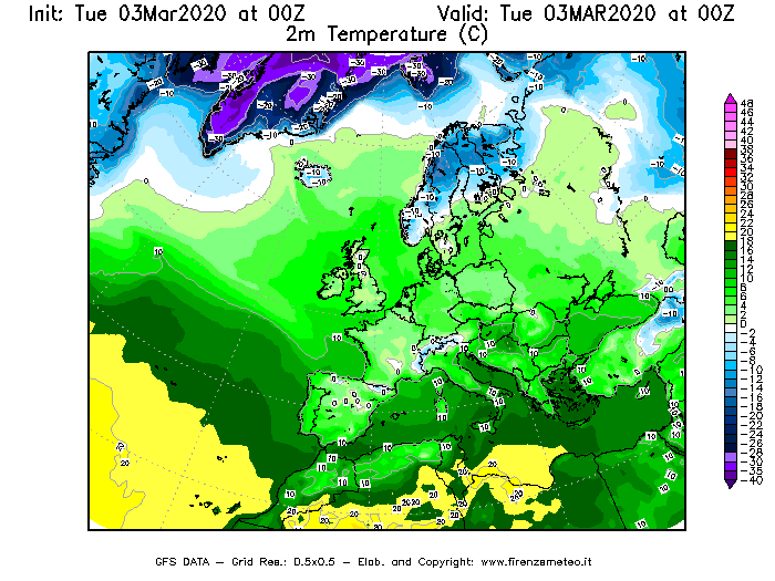 Mappa di analisi GFS - Temperatura a 2 metri dal suolo [°C] in Europa
							del 03/03/2020 00 <!--googleoff: index-->UTC<!--googleon: index-->