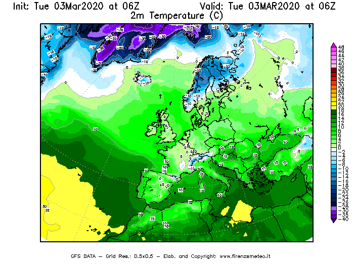 Mappa di analisi GFS - Temperatura a 2 metri dal suolo [°C] in Europa
							del 03/03/2020 06 <!--googleoff: index-->UTC<!--googleon: index-->