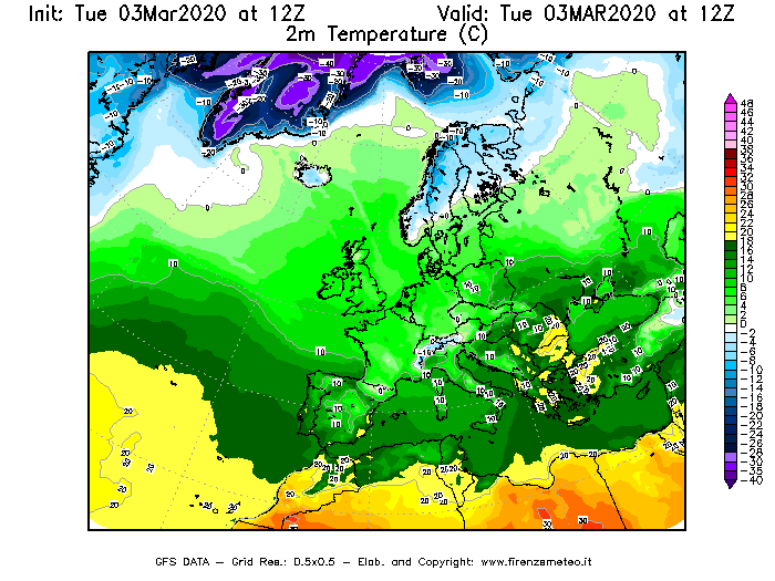 Mappa di analisi GFS - Temperatura a 2 metri dal suolo [°C] in Europa
							del 03/03/2020 12 <!--googleoff: index-->UTC<!--googleon: index-->