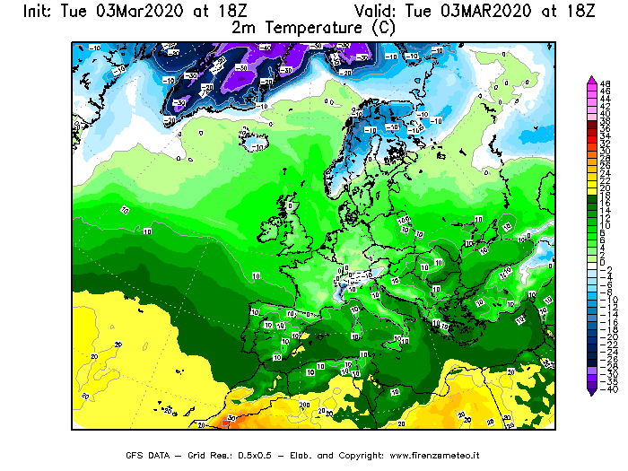 Mappa di analisi GFS - Temperatura a 2 metri dal suolo [°C] in Europa
							del 03/03/2020 18 <!--googleoff: index-->UTC<!--googleon: index-->